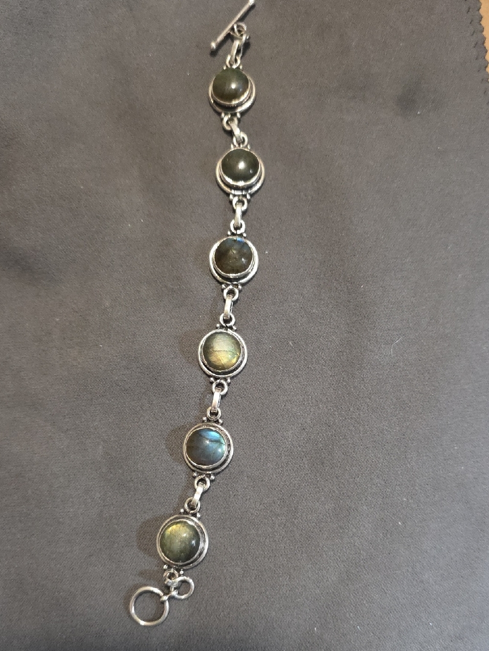 Vintage Labradorite Sterling-Style Link Bracelet - Green Blue Gemstone
